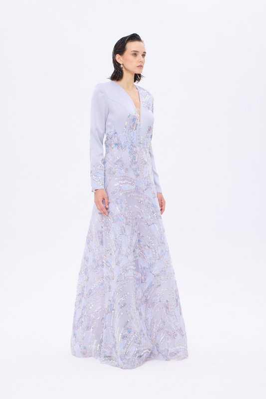 𝐏𝐎𝐍𝐓𝐀𝐍𝐀 Uzun Kollu V-yakalı İşlemeli Kloş Uzun Abiye Elbise