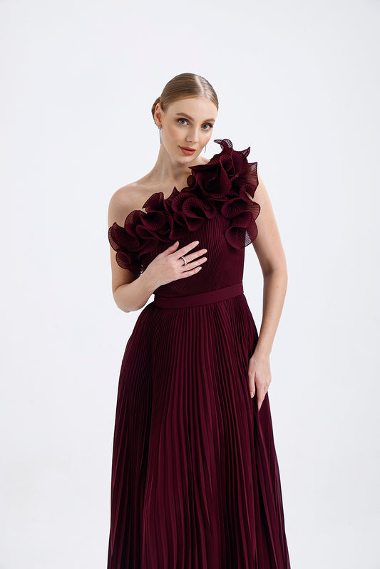 𝐄𝐋𝐈𝐒𝐀 Fırfır Yakalı İnce Pliseli Şifon Uzun Abiye