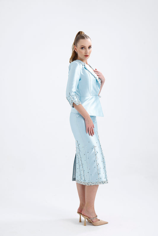 𝐃𝐈𝐀𝐍𝐀 Kruvaze Ceketli Taş İşlemeli Midi Boy Takım