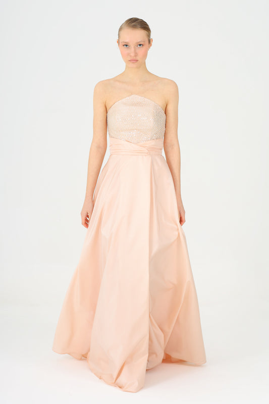 𝐏𝐄𝐑𝐑𝐘 Strapless Stoned Collar Taffeta Long Evening Dress