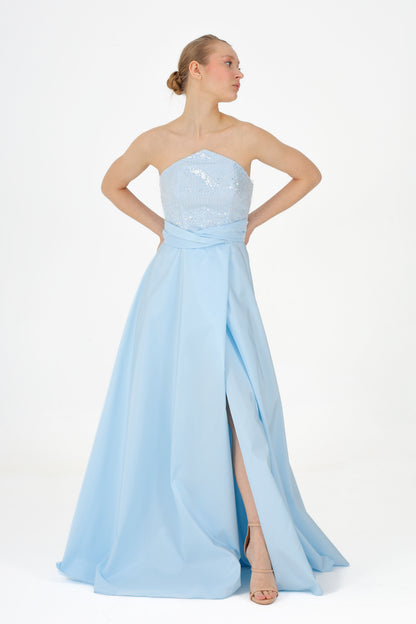 𝐏𝐄𝐑𝐑𝐘 Strapless Stoned Collar Taffeta Long Evening Dress