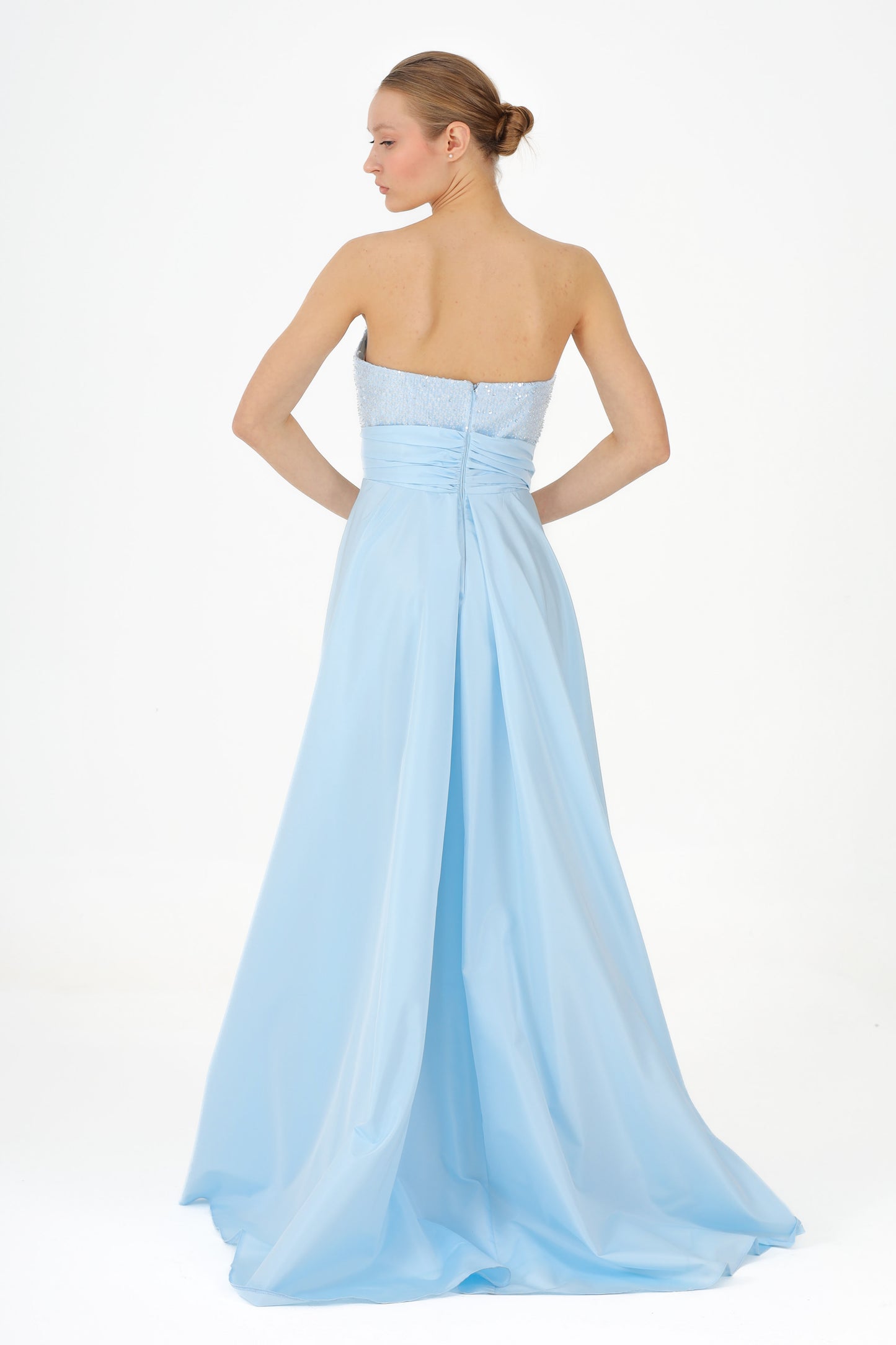 𝐏𝐄𝐑𝐑𝐘 Strapless Stoned Collar Taffeta Long Evening Dress