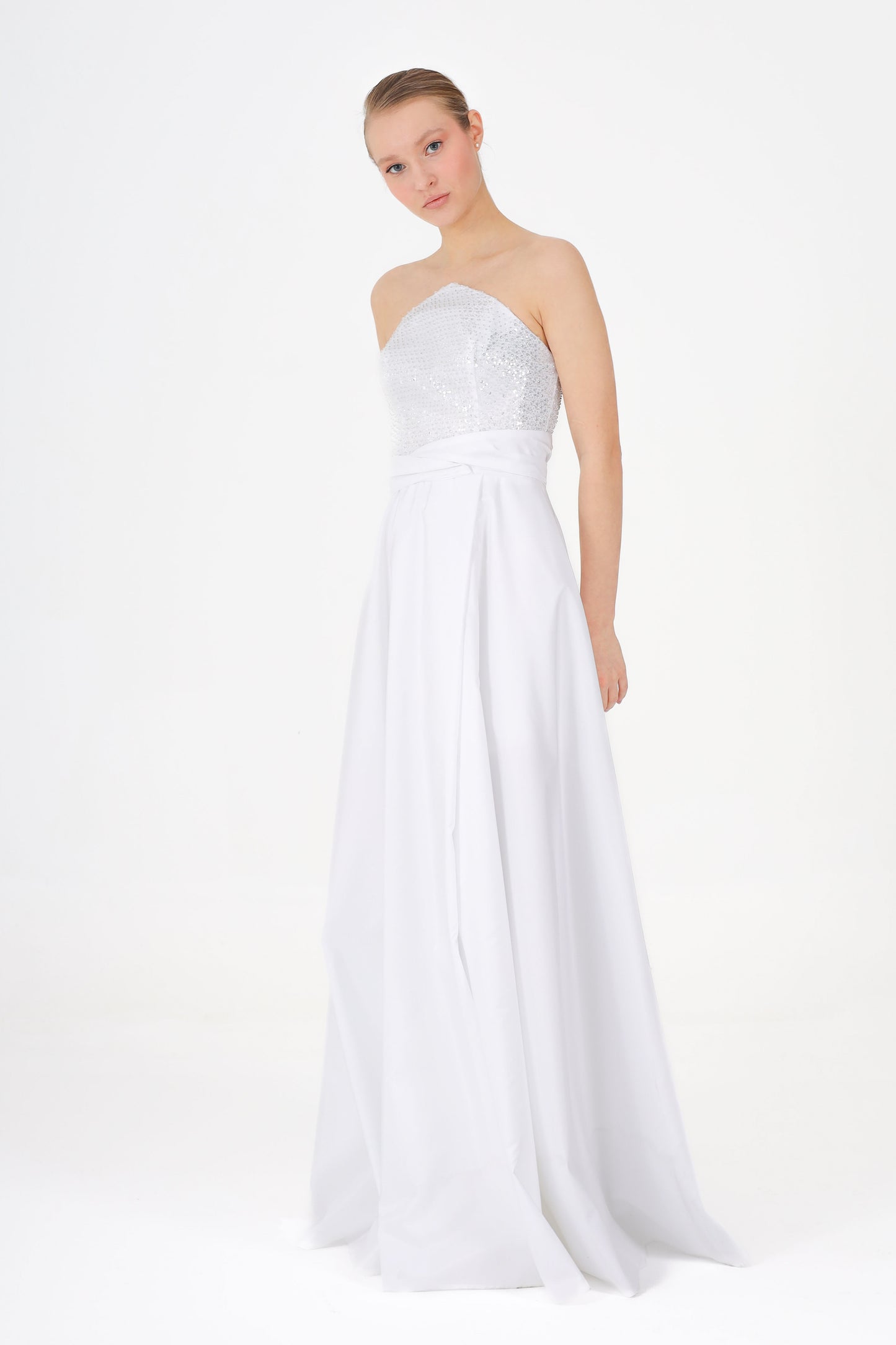 𝐏𝐄𝐑𝐑𝐘 Strapless Stoned Collar Taffeta Long Evening Dress