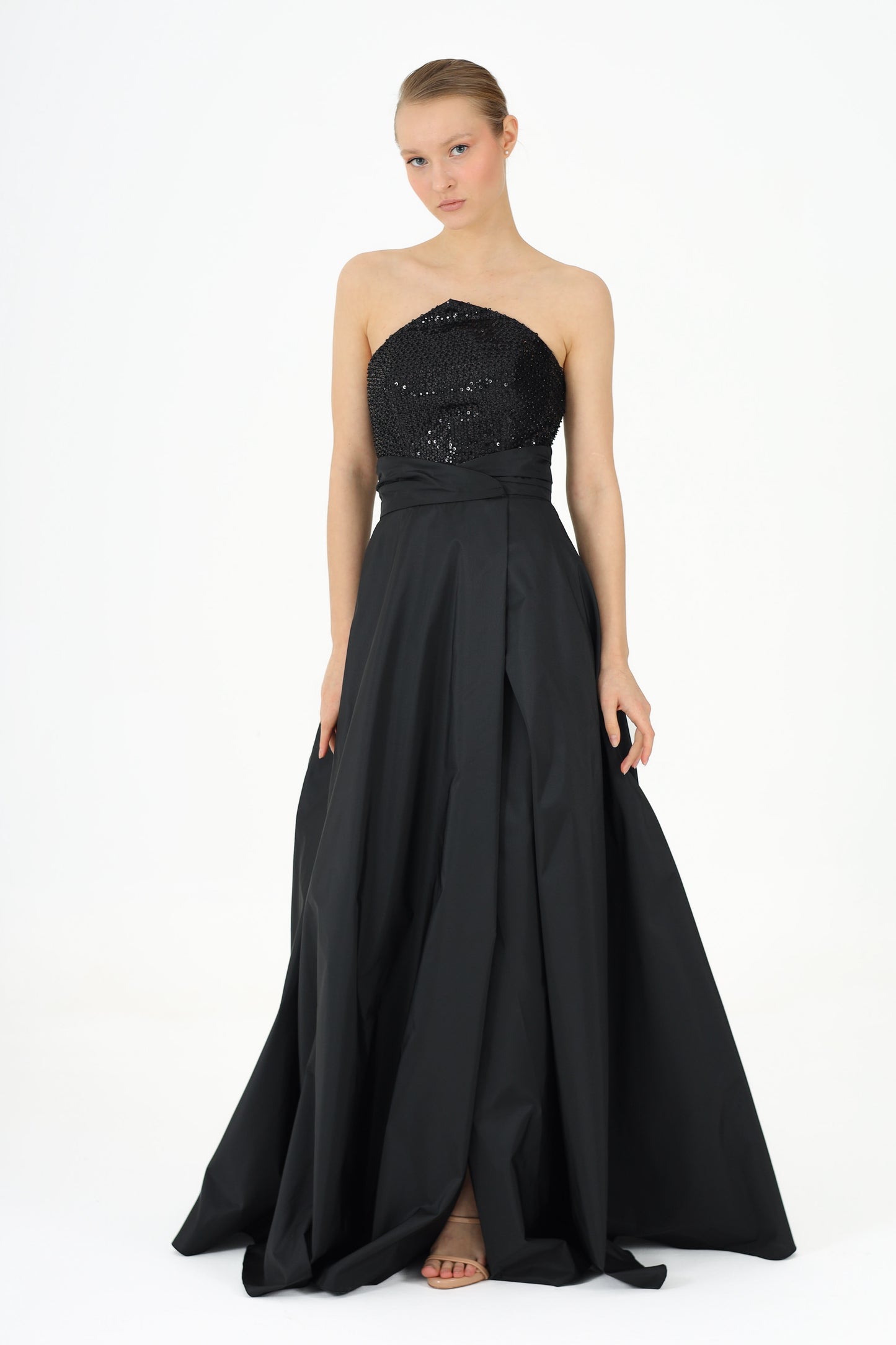 𝐏𝐄𝐑𝐑𝐘 Strapless Stoned Collar Taffeta Long Evening Dress