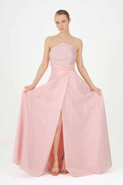 𝐏𝐄𝐑𝐑𝐘 Strapless Stoned Collar Taffeta Long Evening Dress