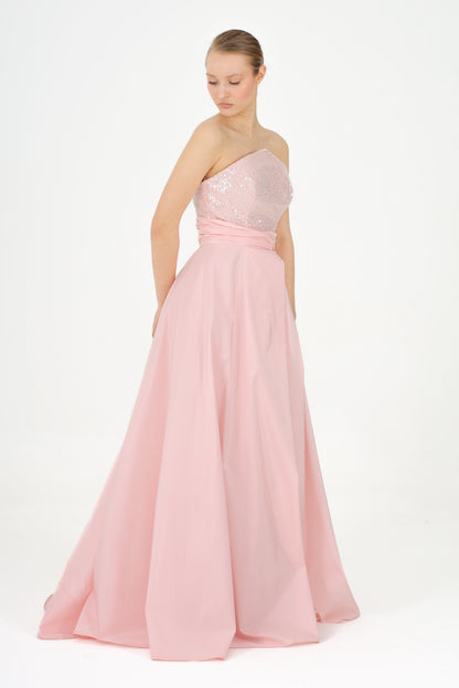 𝐏𝐄𝐑𝐑𝐘 Strapless Stoned Collar Taffeta Long Evening Dress