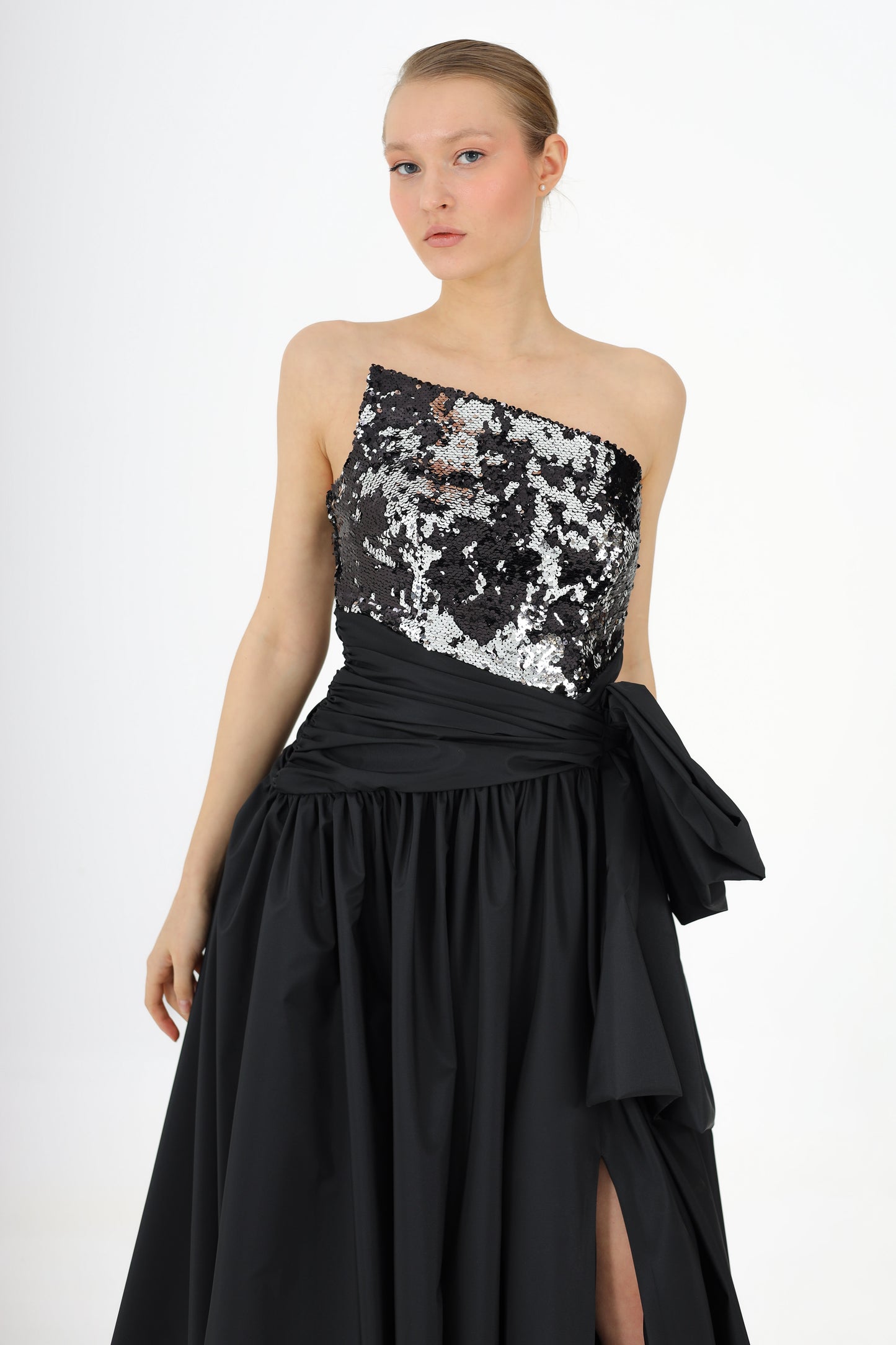 Sequined Asymmetrical Collared Bow Taffeta Evening Dress