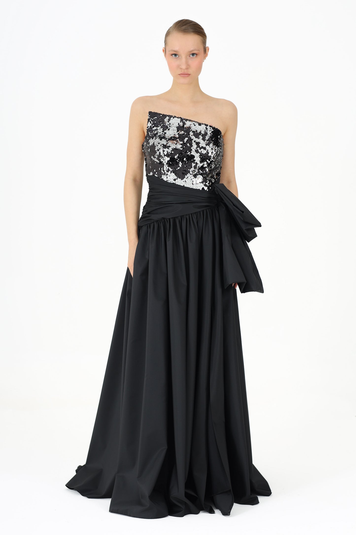 Sequined Asymmetrical Collared Bow Taffeta Evening Dress