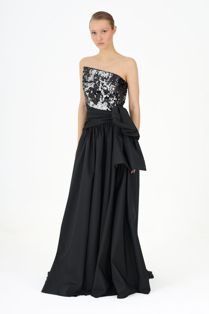 Sequined Asymmetrical Collared Bow Taffeta Evening Dress