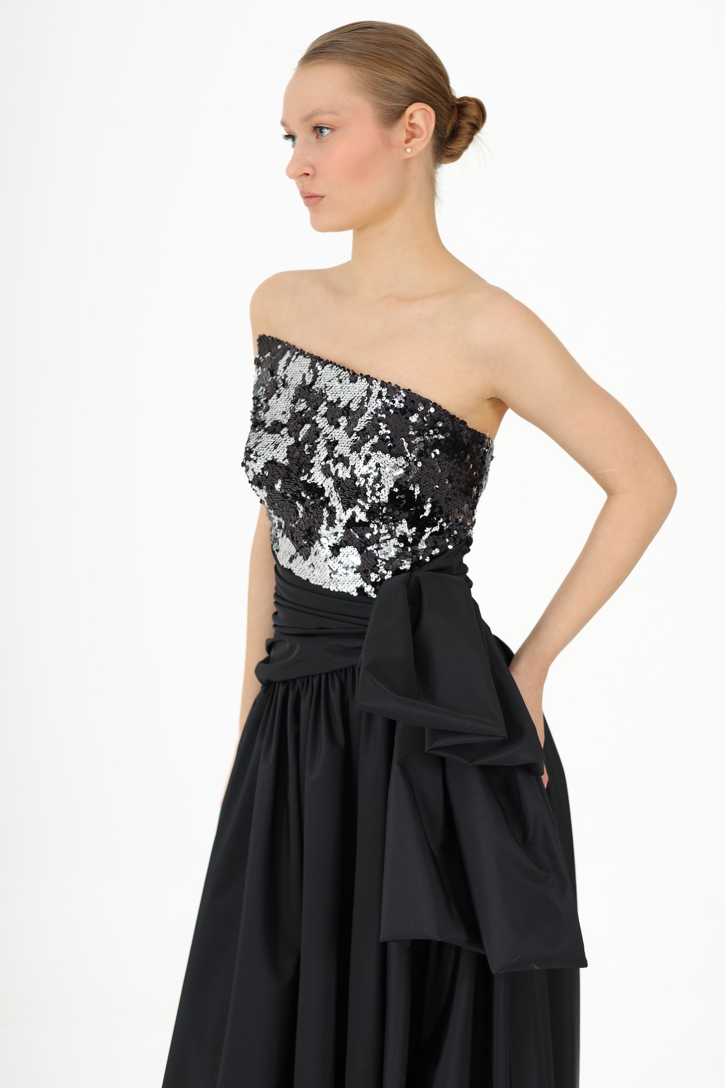 Sequined Asymmetrical Collared Bow Taffeta Evening Dress