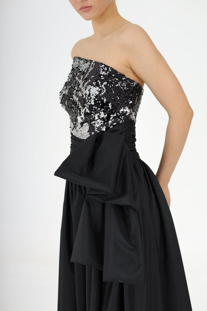 Sequined Asymmetrical Collared Bow Taffeta Evening Dress