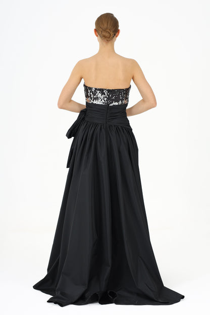 Sequined Asymmetrical Collared Bow Taffeta Evening Dress